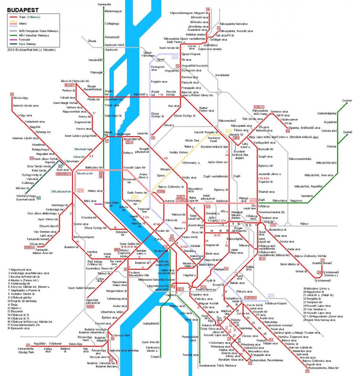 linie tramwajowe Budapesztu mapie